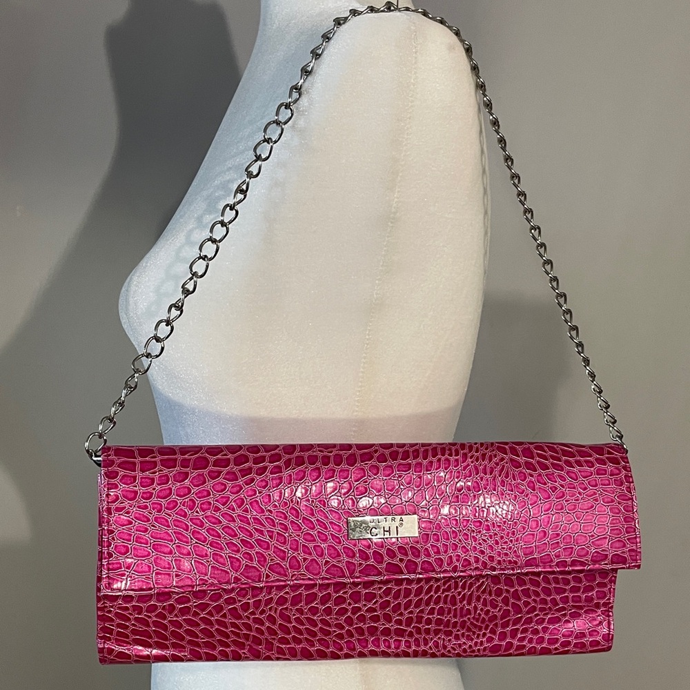Pink Croc-Embossed Clutch Bag
